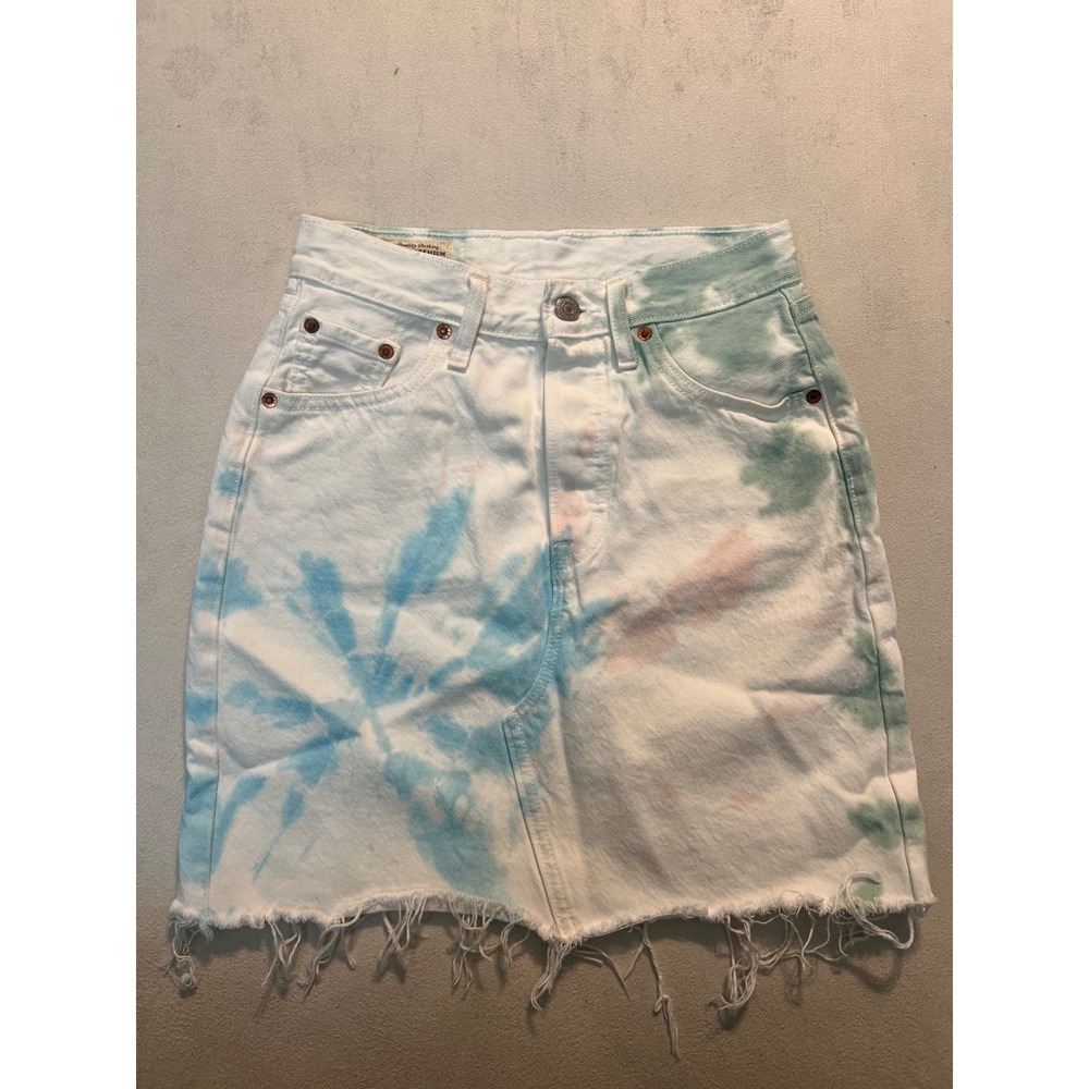 Levis Premium Tie Dye Denim Mini Skirt White Blue Pink Button Fly Big E Size 25